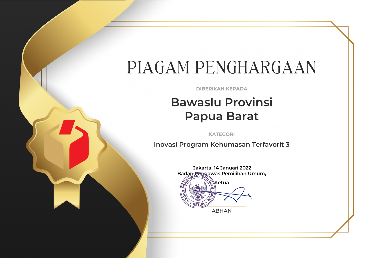 Bawaslu Papua Barat Raih Terfavorit 3 Inovasi Program Kehumasan